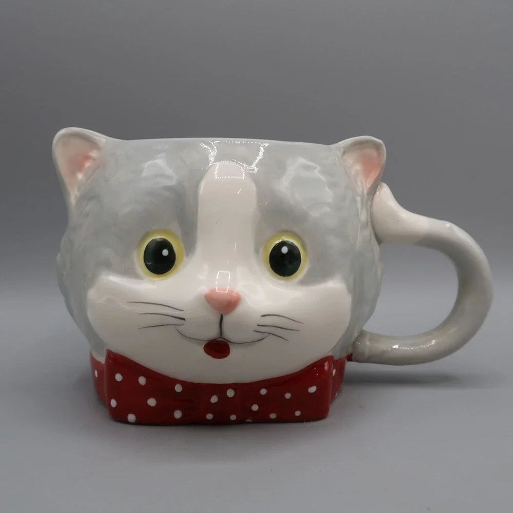 Pier 1 Imports‎ Oversized Gray Kitten Cat Coffee Mug Red White Bow Tie